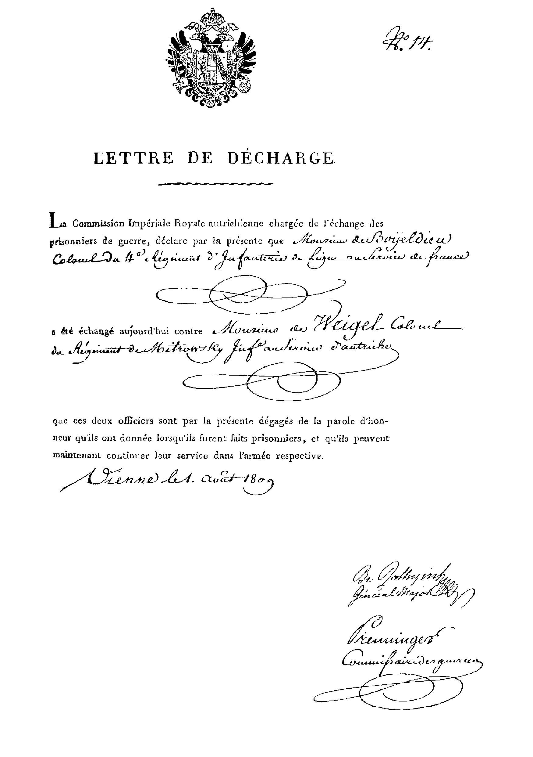 Lettre de libration de Boeyldieu